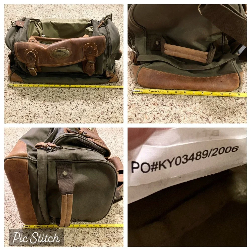 VTG Bob Timberlake Green Canvas Brown Leather Duffel Bag 22